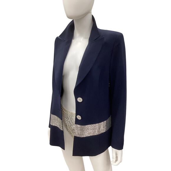 Escada Blazer Women’s Size 12 New Wool Elastane Blend Silver Beads Navy Blue - Picture 2 of 6